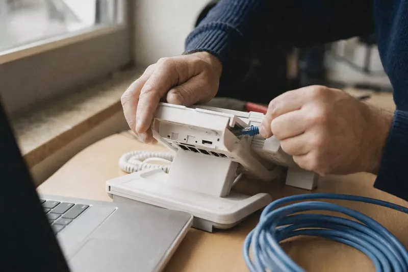 Hände eines Technikers stecken ein Netzwerkkabel in ein Tischtelefon
