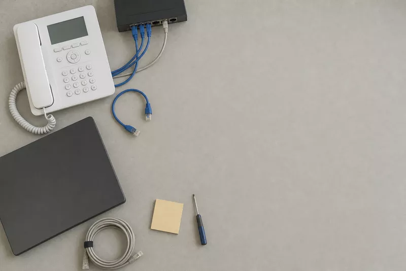 Technikplatz von oben: weißes IP-Tischtelefon, kleiner Switch mit Patchkabeln, Laptop, Kabelrolle