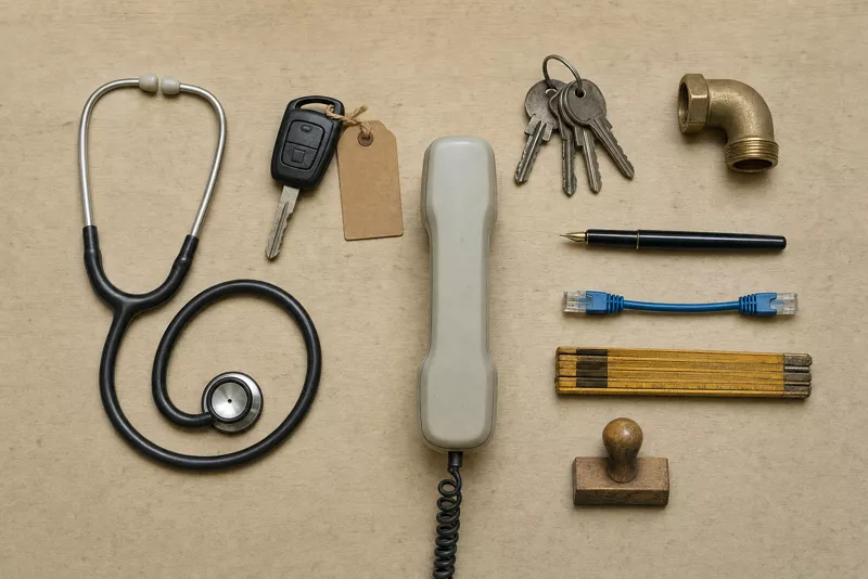 Gegenstände aus verschiedenen Betrieben geordnet auf einem Holztisch: Stethoskop, Autoschlüssel, Schlüsselbund, Fitting, Füller, Netzwerkkabel, Zollstock, Stempel, Telefonhörer